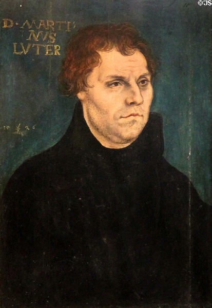 Martin Luther portrait (1526) by Lucas Cranach the Elder at Schleswig Holstein State Museum. Schleswig, Germany.