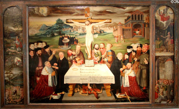Allegory of Naumburg Treaty of 1554 painting (1561) by circle of Lucas Cranach the Younger at Schleswig Holstein State Museum. Schleswig, Germany.