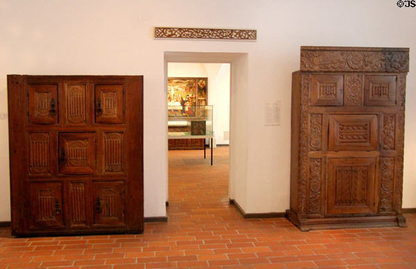 Gallery of carved Germanic cupboards (c16thC) at Schleswig Holstein State Museum. Schleswig, Germany.