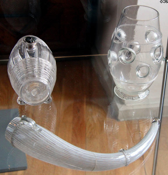 German filament glass (17thC) brandy flask, thumb glass & drinking horn at Schleswig Holstein State Museum. Schleswig, Germany.