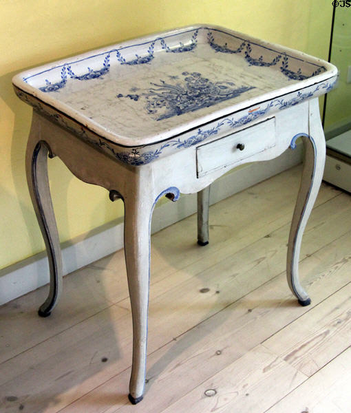 Faience side table top (18thC) made in Schleswig at Schleswig Holstein State Museum. Schleswig, Germany.