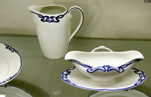Stoneware serving pitcher & gravy boat in blue-banded relief pattern (c1918) by Josef Maria Olbrich for Villeroy & Boch of Dresden at Schleswig Holstein State Museum. Schleswig, Germany.