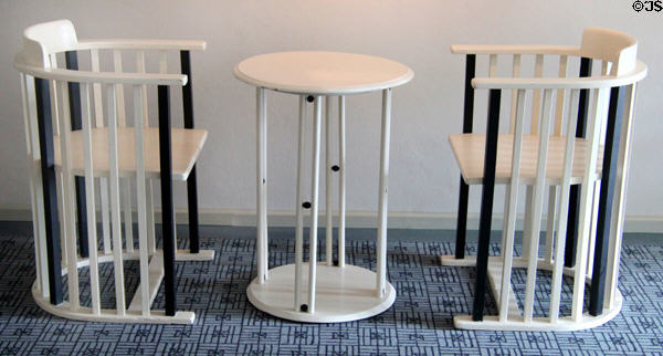 Table & two armchairs lacquered black & white (c1905) by Josef Hoffmann of Wiener Werkstätte at Schleswig Holstein State Museum. Schleswig, Germany.