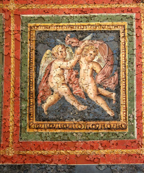 13. Roman ceiling fresco (4thC) section depicting pair of cupids with purple cloaks at Cathedral Museum. Trier, Germany.