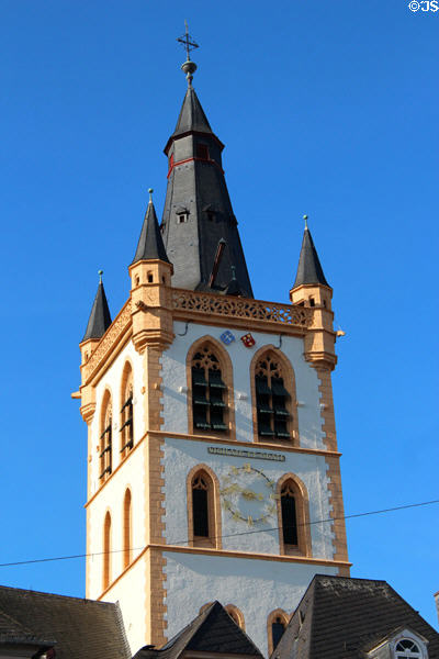 Tower of St Gangolf Church seen from Hauptmarkt. Trier, Germany.