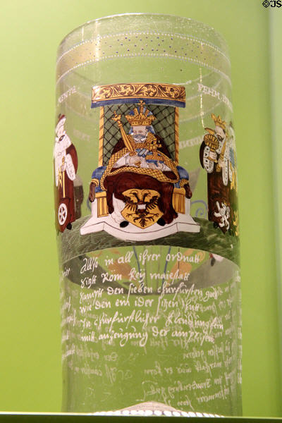 Glass Humpen painted with images of Kaiser & Electors (c1600) at Trier Archaeological Museum. Trier, Germany.