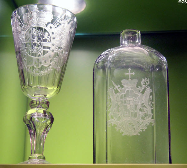 German & Bohemian glass engraved with armorial crests (c1720 & 1760) at Trier Archaeological Museum. Trier, Germany.