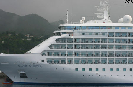 Silver Whisper cruise ship at dock. Dominica.