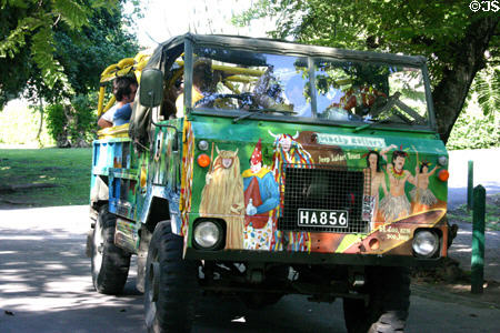 Decorated off-road tourist vehicle takes cruise ship groups through Dominica Botanic Gardens. Roseau, Dominica.