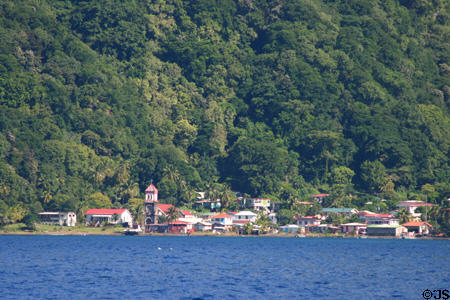 Town of Soufrière seen across Soufrière Bay. Soufrière, Dominica.