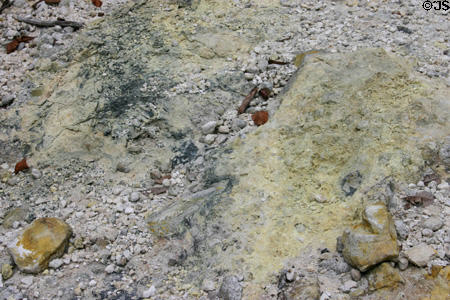 Sulphur deposits in Soufrière Sulphur Springs National Park. Soufrière, Dominica.