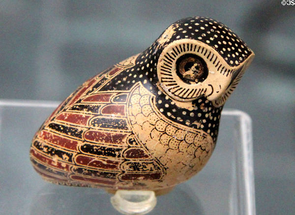 Greek terracotta oil flask in shape of owl (c630 BCE) from Corinth at Antikensammlungen. Munich, Germany.