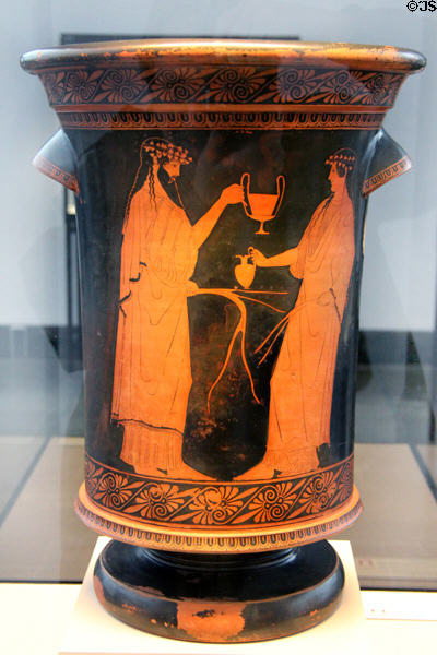 Greek terracotta red-figure wine bucket with Dionysus & Maenads (c470 BCE) by Brygos-painter at Antikensammlungen. Munich, Germany.