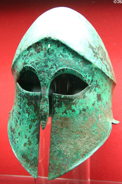 Corinthian bronze helmet (6th-5thC BCE) from Greece at Antikensammlungen. Munich, Germany.