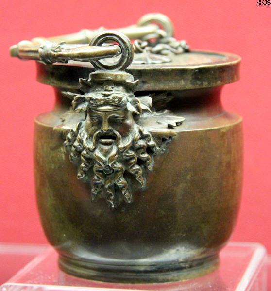 Greek bronze inkwell with handle in shape of Dionysus (2nd half 1stC BCE) from grave at Meroë, Sudan Nile at Antikensammlungen. Munich, Germany.