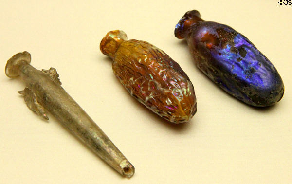 Form-blown glass perfume flasks (1stC CE) from Eastern Mediterranean at Antikensammlungen. Munich, Germany.