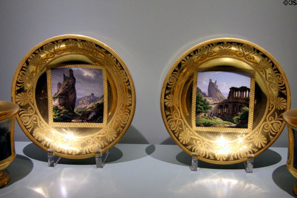 Nymphenburg porcelain bouillon bowls painted with views of castle ruins near Rappoltsweiler (1825) by Carl Friedrich Heinzmann at Bavarian National Museum. Munich, Germany.