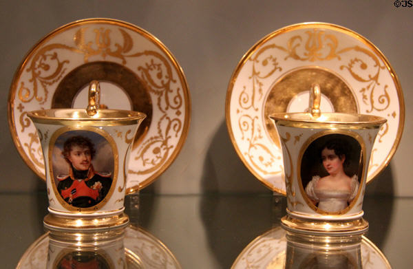 Nymphenburg porcelain teacups with portraits of Crown Prince Ludwig I & Princess Therese von Bayern (c1822-30) at Bavarian National Museum. Munich, Germany.