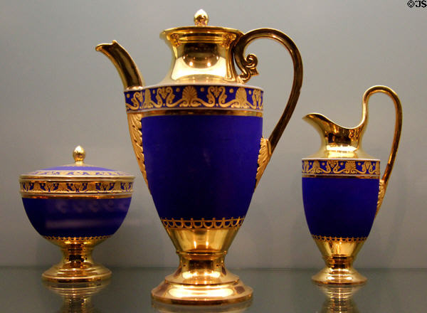 Nymphenburg porcelain coffee service in matt-blue with gold trim (c1825) by Friedrich Gärtner at Bavarian National Museum. Munich, Germany.