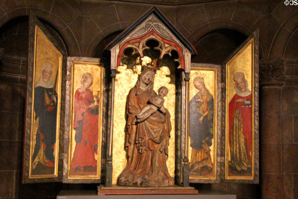 Mary & Child altar carving flanked by painted saints (c1430) from Tronsberg, Allgäu at Bavarian National Museum. Munich, Germany.