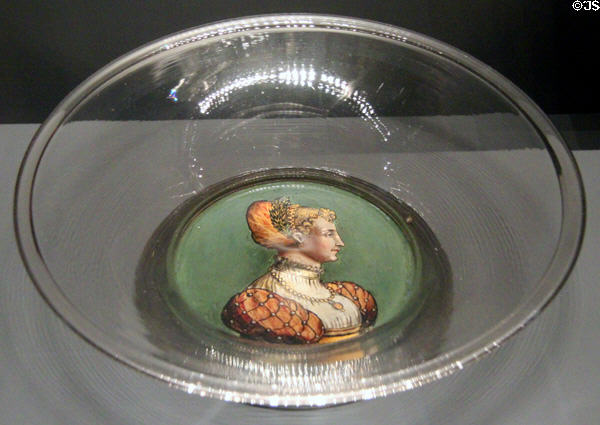 Glass bowl with portrait of woman (2nd quarter 16thC) from Venice at Bavarian National Museum. Munich, Germany.