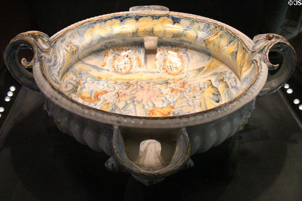 Majolica cooling bowl (1576) by Don Pino of Faenza, Italy at Bavarian National Museum. Munich, Germany.