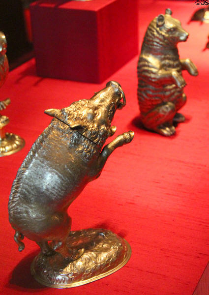 Silver drinking vessel in shape of a boar (c1602) by Elias Zorer from Augsburg & silver sitting bear (c1630) by Christoph Pollak from Levo?a, Slovakia at Bavarian National Museum. Munich, Germany.