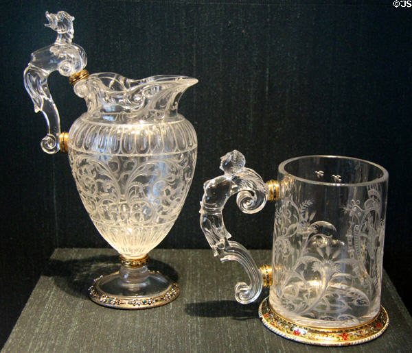 Rock crystal with enameled gold footed pitcher & humpen with arms of King Sigismunds III of Poland (early 17thC) both by Miseroni Workshop of Prague at Bavarian National Museum. Munich, Germany.