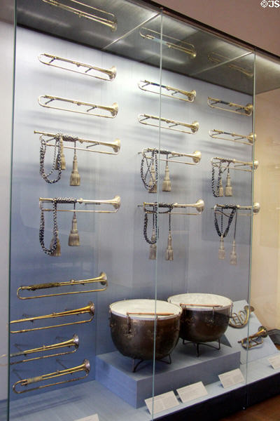 Collection of antique trumpets at Bavarian National Museum. Munich, Germany.