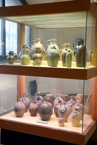 Bavarian stoneware jugs decorated with cobalt blue (19thC) at Bavarian National Museum. Munich, Germany.