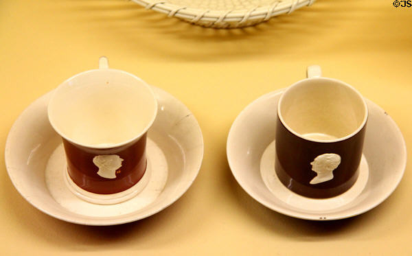 Stoneware cups & saucers with profile portraits at Bavarian National Museum. Munich, Germany.