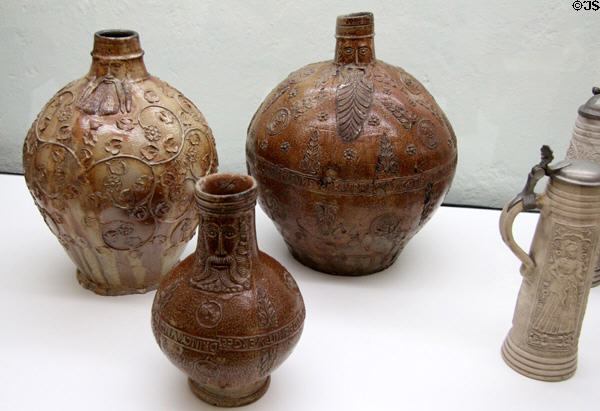 Stoneware Bartmann jugs (16thC) from Cologne & Frechen at Bavarian National Museum. Munich, Germany.