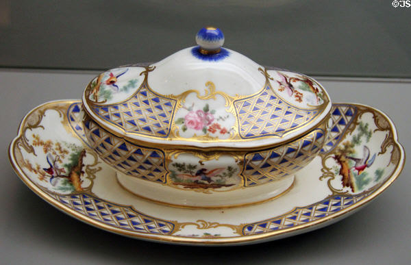 Sèvres porcelain sugar dish (1759) with bird decor at Bavarian National Museum. Munich, Germany.