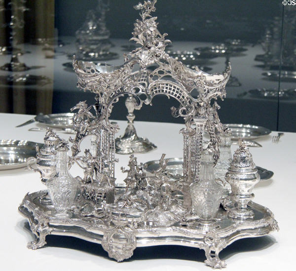 Cruet centerpiece of silver table service of Bishop of Hildesheim (1759-65) made in Augsburg at Bavarian National Museum. Munich, Germany.