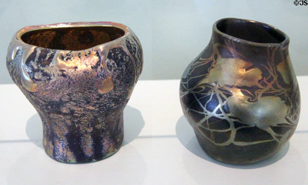 Lava vases of iridescent colors over cobalt blue glass (c1906 & 1910) by Tiffany Studios of New York at Bavarian National Museum. Munich, Germany.