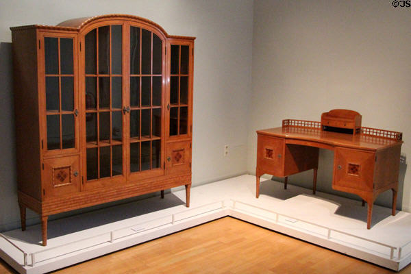 Display cabinet & writing desk (1907-8) by Karl Bertsch made by Munich Workshop for Home Furnishings at Bavarian National Museum. Munich, Germany.