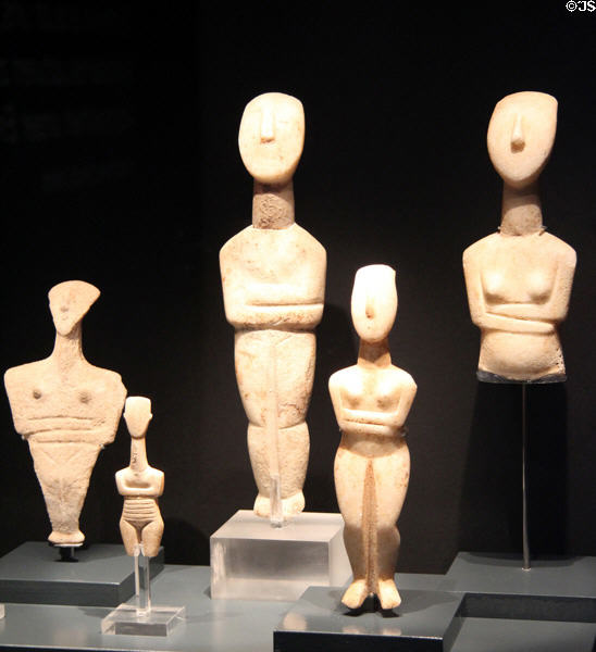 Various Cycladic marble idols (mostly 2700-2400 BCE) at Bavarian State Archaeological Collection. Munich, Germany.