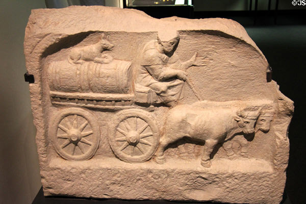 Roman gravestone (copy) (2nd-3rdC) from Augsburg with relief of oxcart with wine barrel at Bavarian State Archaeological Collection. Munich, Germany.