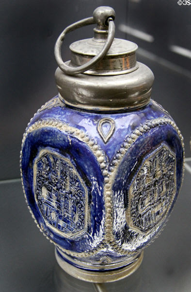 Screw-top stoneware bottle with tin stopper (1676) from Westerwald at Deutsches Museum. Munich, Germany.