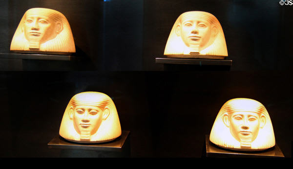 Four lids from canopic (viscera) jars of limestone (12th Dynasty - c1850 BCE) at Museum Ägyptischer Kunst. Munich, Germany.