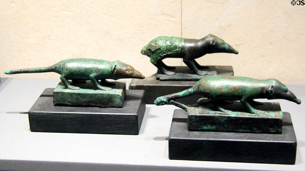 Three bronze shrews associated with sun god (700-400 BCE) at Museum Ägyptischer Kunst. Munich, Germany.
