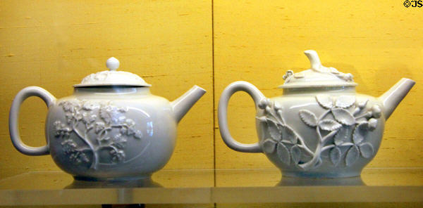 Early attempts by Böttger at white porcelain (1713) were teapots with molded flowers, but without color so to evade difficulties in the kiln at Meissen porcelain museum at Lustheim Palace. Munich, Germany.