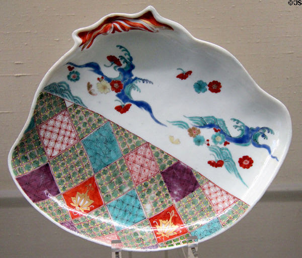 Meissen porcelain plate (c1740) copied from Japanese original with ocean wave & net pattern for client August the Strong at Meissen porcelain museum at Lustheim Palace. Munich, Germany.