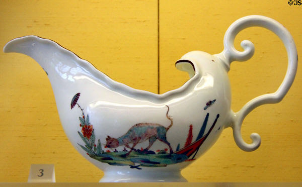Meissen porcelain sauce boat (c1735) in imaginary animal series at Meissen porcelain museum at Lustheim Palace. Munich, Germany.