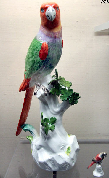 Meissen porcelain parrot figure at Meissen porcelain museum at Lustheim Palace. Munich, Germany.
