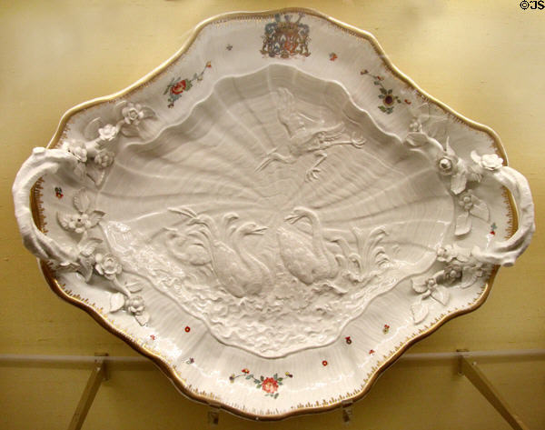 Meissen porcelain swan serving platter (1740) by Johann Joachim Kaendler from Graf Brühl swan table service at Meissen porcelain museum at Lustheim Palace. Munich, Germany.