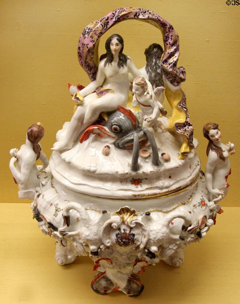 Meissen porcelain terrine with Galatea figure (1738) by Johann Joachim Kaendler at Meissen porcelain museum at Lustheim Palace. Munich, Germany.