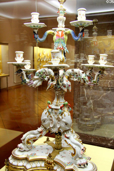 Meissen porcelain elephant candelabra (1735) by Johann Joachim Kaendler at Meissen porcelain museum at Lustheim Palace. Munich, Germany.