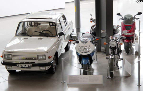 Wartburg car (c1990s) from DDR & motorcycles at Deutsches Museum Transport Museum. Munich, Germany.
