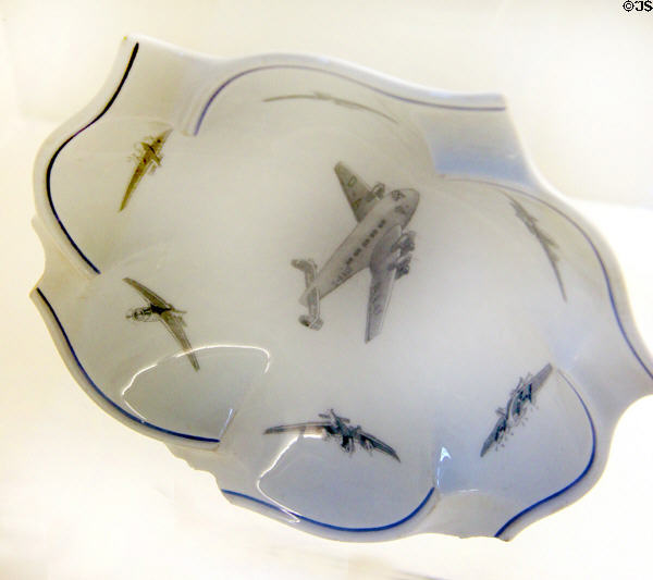 Junkers company ashtray decorated with Junkers' planes (1938) by Meissen porcelain at Deutsches Museum Flugwerft Schleissheim. Munich, Germany.
